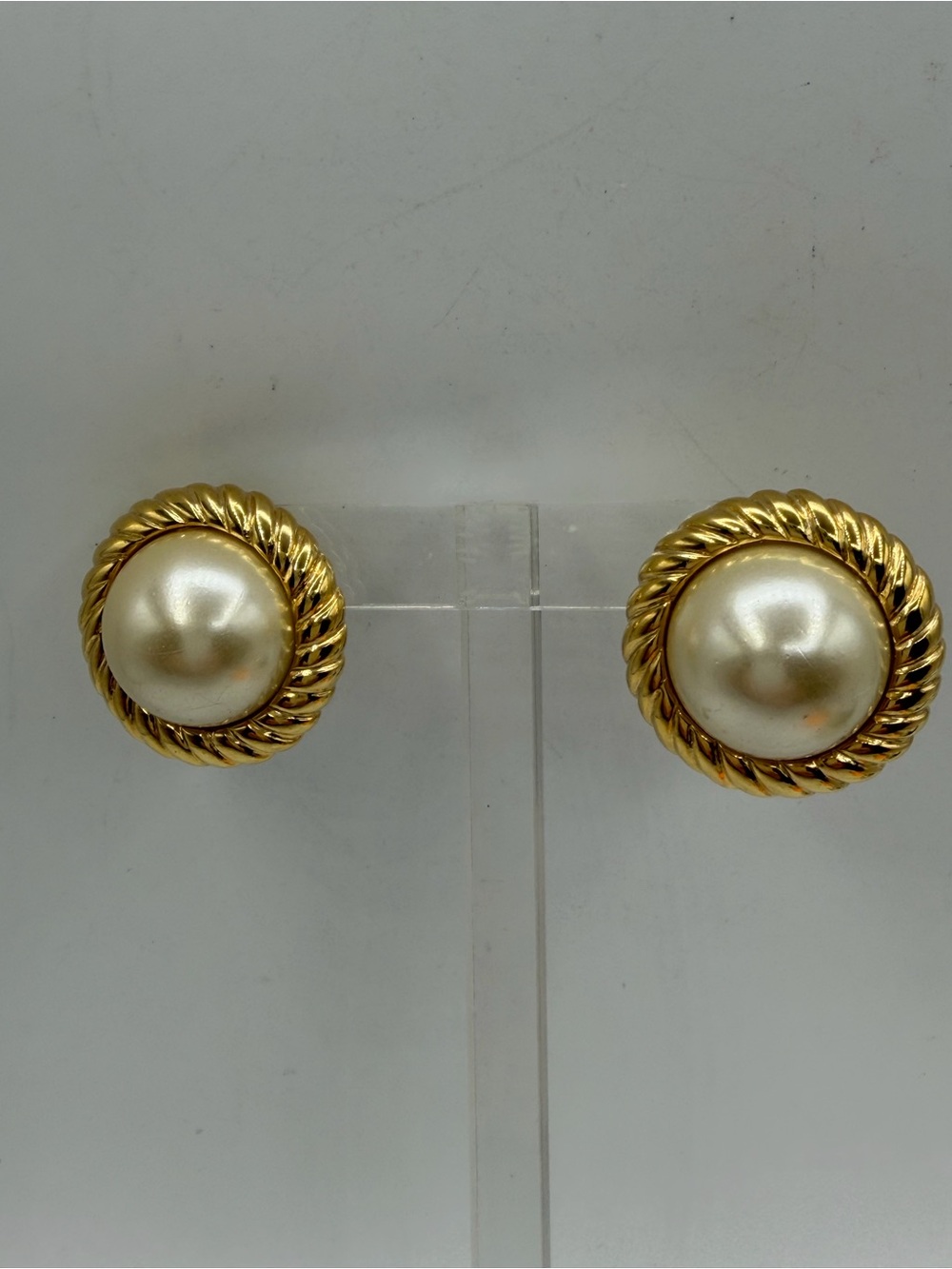 Vintage KJL Kenneth Jay Lane Faux Mabe Pearl Rope Twist Stud Earrings Gold Tone